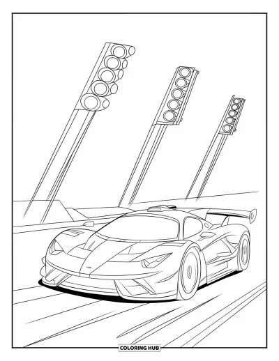 Dibujo de autos deportivos para colorear para niños: Un auto elegante espera para correr bajo luces brillantes y una línea de pista marcada