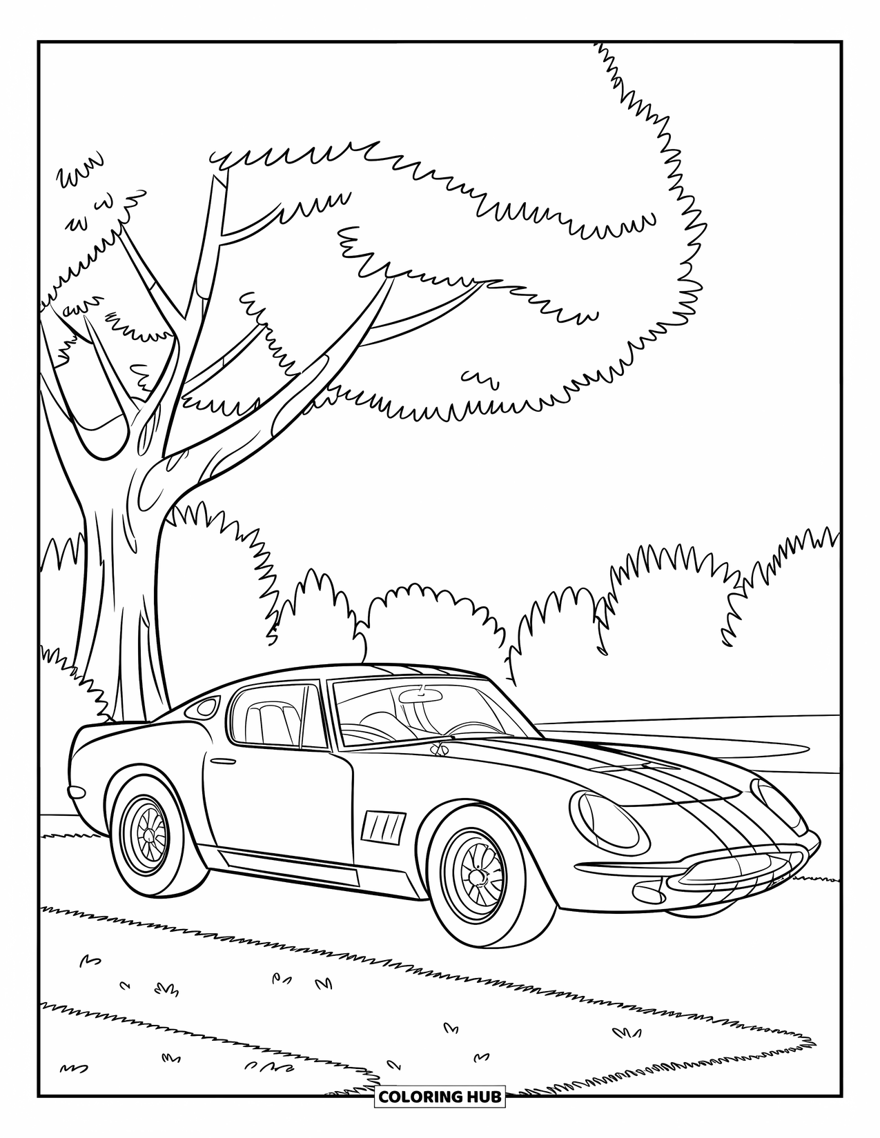 Sports Car Coloring Page for Kids: A sleek car with a sharp tail rests beside a big tree on a quiet lawn