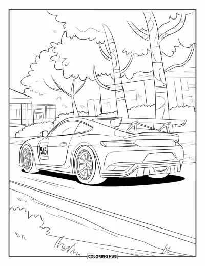Dibujo de autos deportivos para colorear para niños: Un auto elegante con alerón y número espera cerca de árboles y un edificio junto a la carretera
