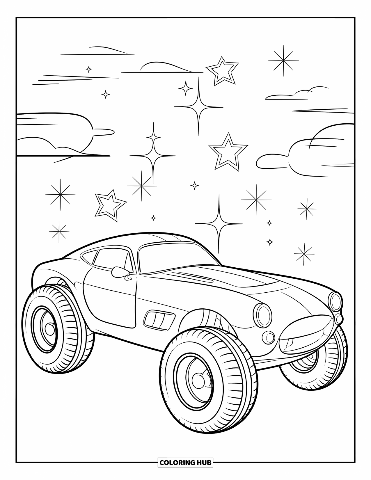 Sports Car Coloring Page for Kids: A sleek car with bold rims shines under stars and soft clouds in the sky