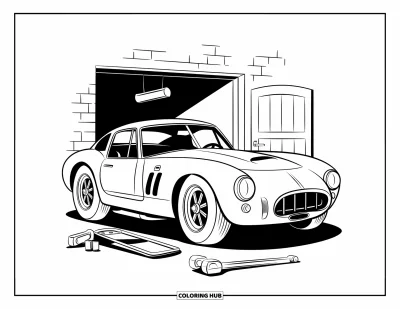Dibujo de autos deportivos para colorear para niños: Un elegante auto de carreras está estacionado cerca de herramientas en un garaje de ladrillo con una lámpara colgante