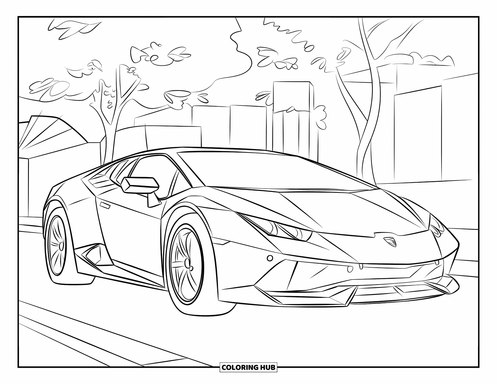 Sports Car Coloring Page for Kids: A sleek sports car parks near trees and buildings on a quiet street