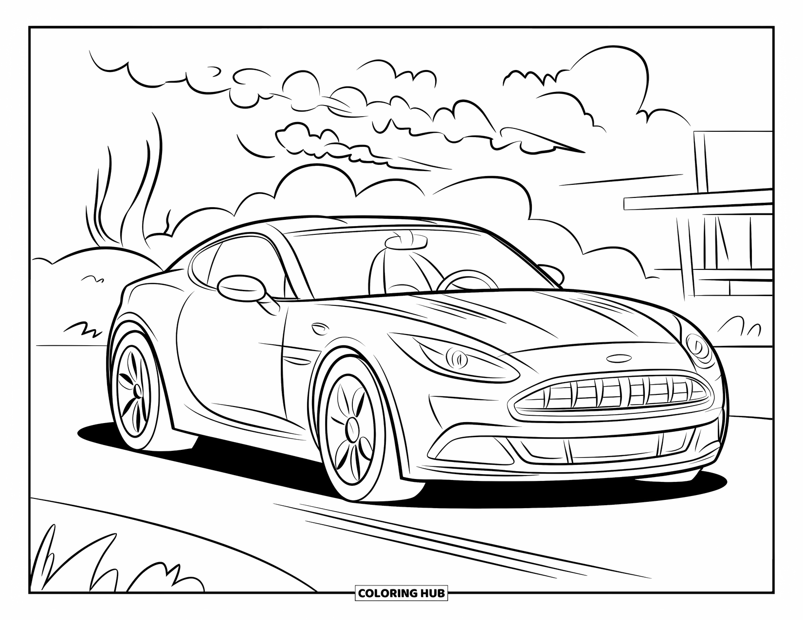 Sports Car Coloring Page for Kids: A small car lets out puffs of smoke while parked by a tree and building