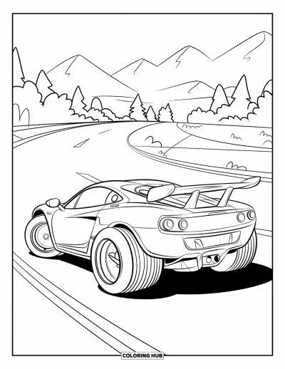 Dibujo de autos deportivos para colorear para niños: Un auto pequeño y bajo con ruedas gruesas acelera por una carretera amplia junto a árboles y colinas