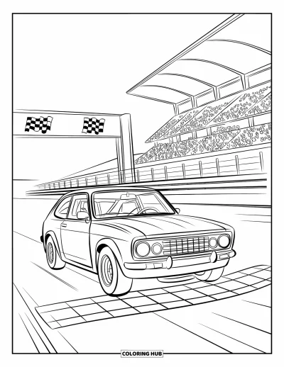 Dibujo de autos deportivos para colorear para niños: Un pequeño auto de carreras corre por la pista cerca de las tribunas, barreras y curvas cerradas