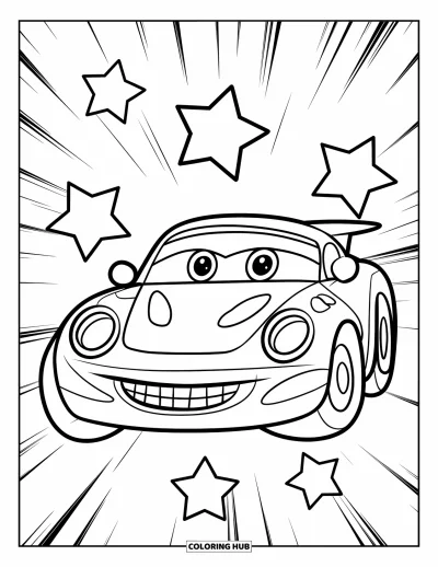 Dibujo de autos deportivos para colorear para niños: Un auto sonriente con grandes faros está rodeado de cinco estrellas jugueton