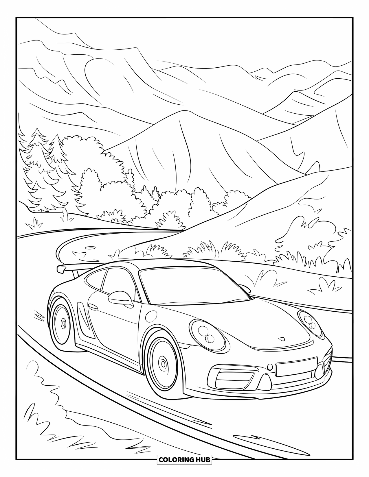 Sports Car Coloring Page for Kids: A speeding car curves through trees with mountains and cloudy skies in view