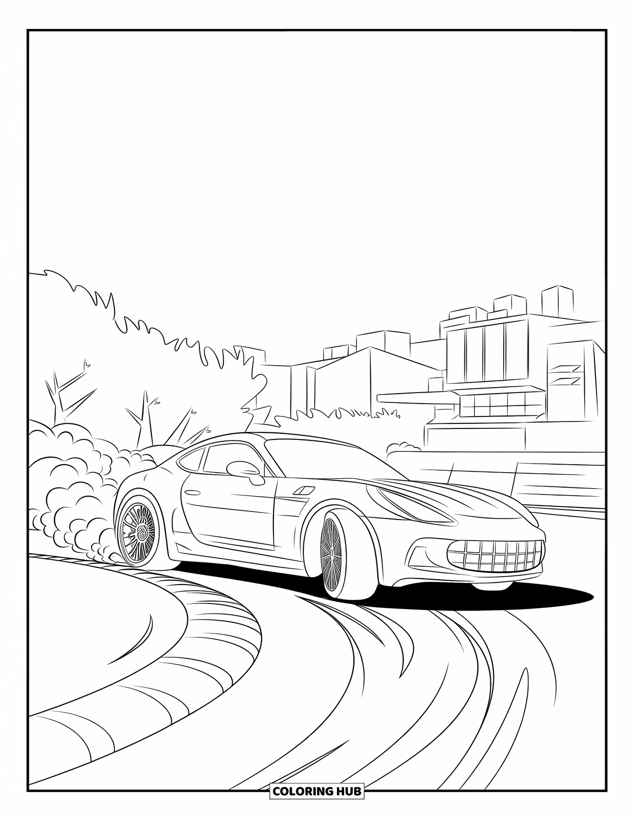 Sports Car Coloring Page for Kids: A speedy car drifts around a sharp corner, trailing smoke as it turns
