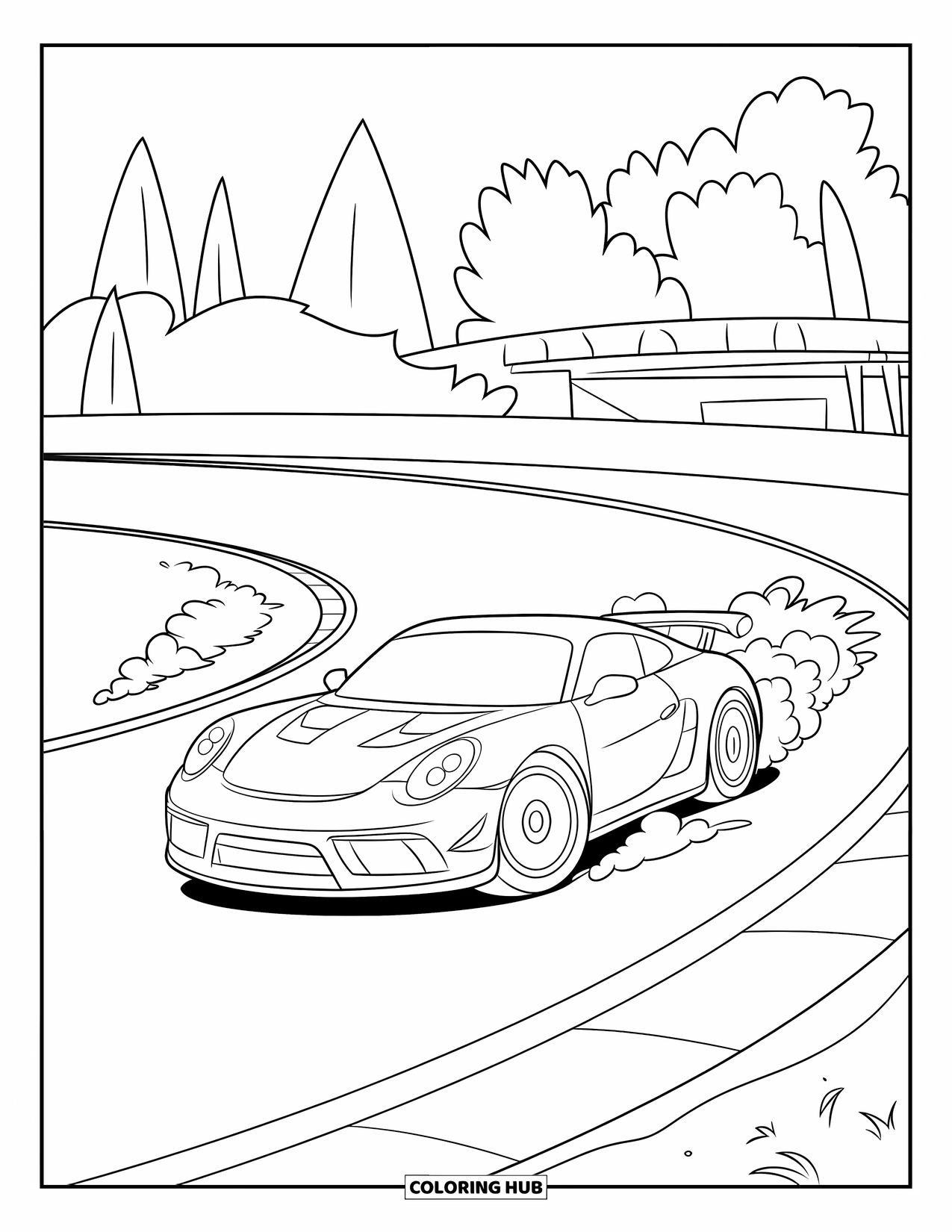 Sports Car Coloring Page for Kids: A sports car slides through a curve with smoke rising and trees nearby