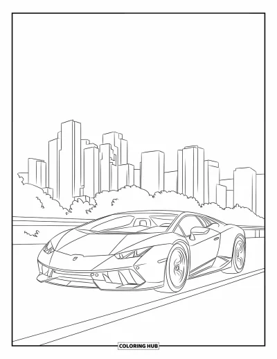 Dibujo de autos deportivos para colorear para niños: Un auto deportivo recorre una carretera abierta con altos edificios de la ciudad al frente
