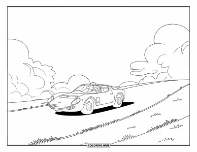 Dibujo de autos deportivos para colorear para niños: Un auto deportivo sube suavemente una colina bajo un cielo con nubes ligeras