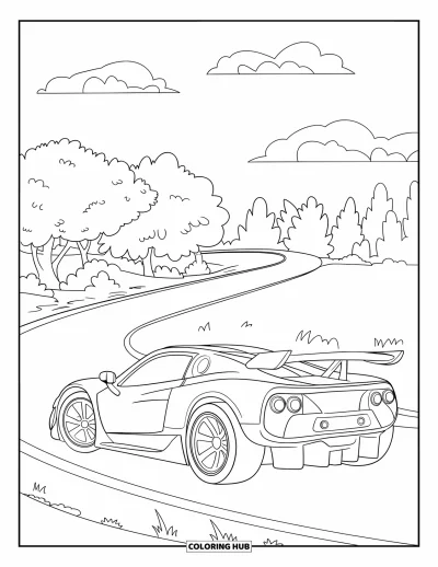 Dibujo de autos deportivos para colorear para niños: Un auto deportivo con gran alerón recorre una carretera curva bordeada de árboles altos