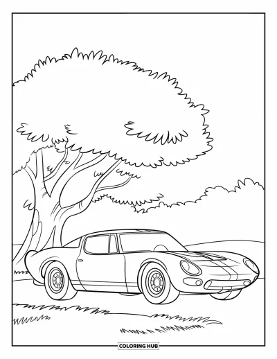Dibujo de autos deportivos para colorear para niños: Un auto deportivo con franja está estacionado bajo un árbol frondoso en un campo de hierba