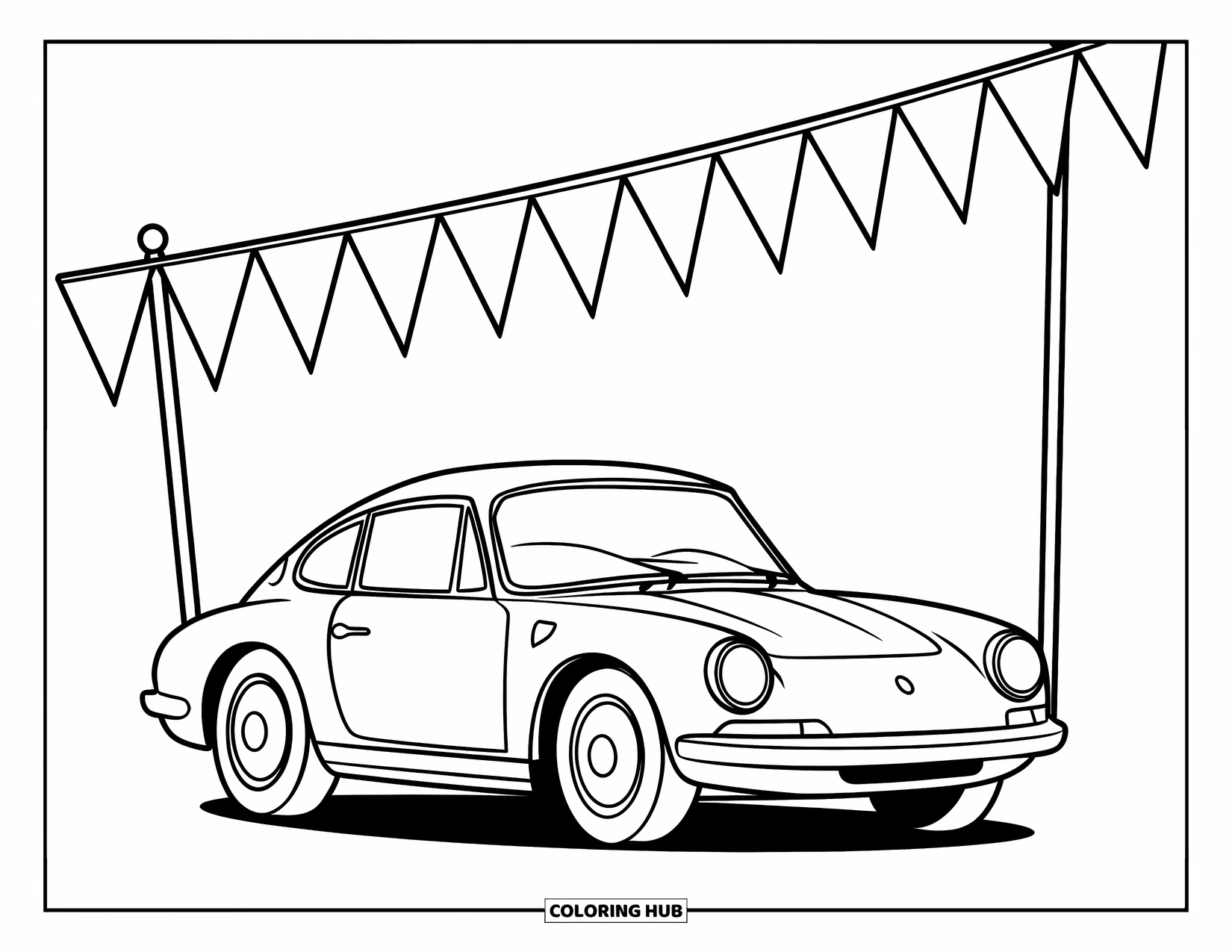 Sports Car Coloring Page for Kids: A sporty car with round headlights is parked near flags on tall poles
