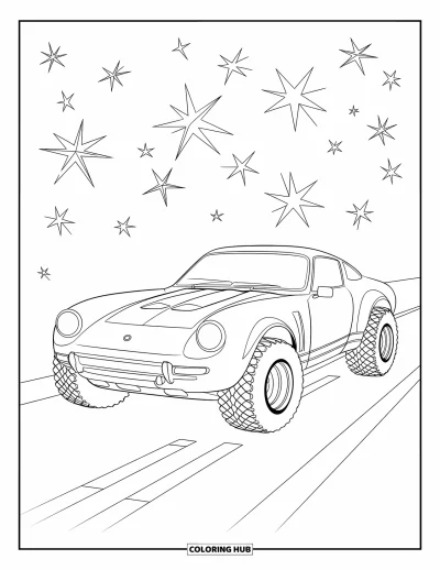 Dibujo de autos deportivos para colorear para niños: Un auto deportivo con ruedas gruesas está estacionado bajo un cielo lleno de estrellas