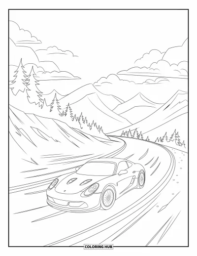 Dibujo de autos deportivos para colorear para niños: Un auto deportivo zigzaguea por carreteras de montaña con árboles y líneas de movimiento detrás