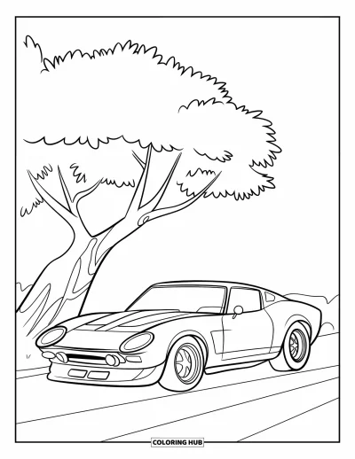 Dibujo de autos deportivos para colorear para niños: Un auto deportivo con franjas está estacionado en terreno plano junto a un árbol con tres ramas