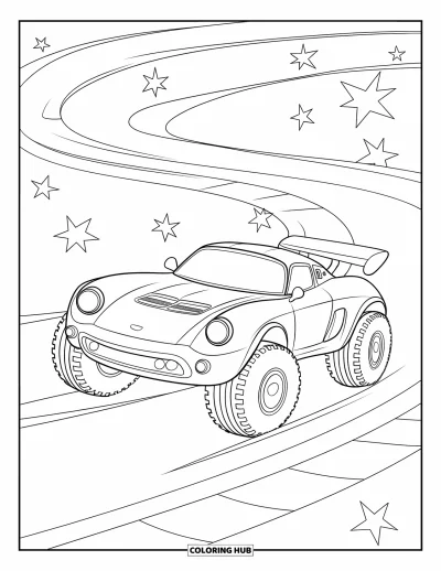 Dibujo de autos deportivos para colorear para niños: Un robusto auto con ruedas grandes avanza por una pista serpenteante rodeado de destellos
