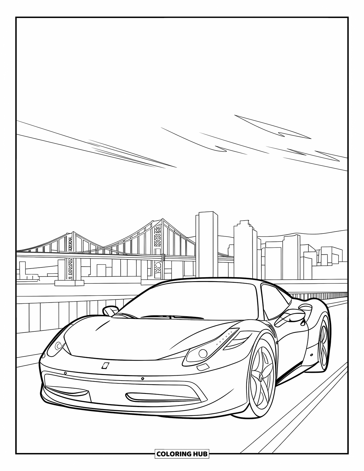 Sports Car Coloring Page for Kids: A stylish car waits near a bridge that leads to a city skyline and open sky