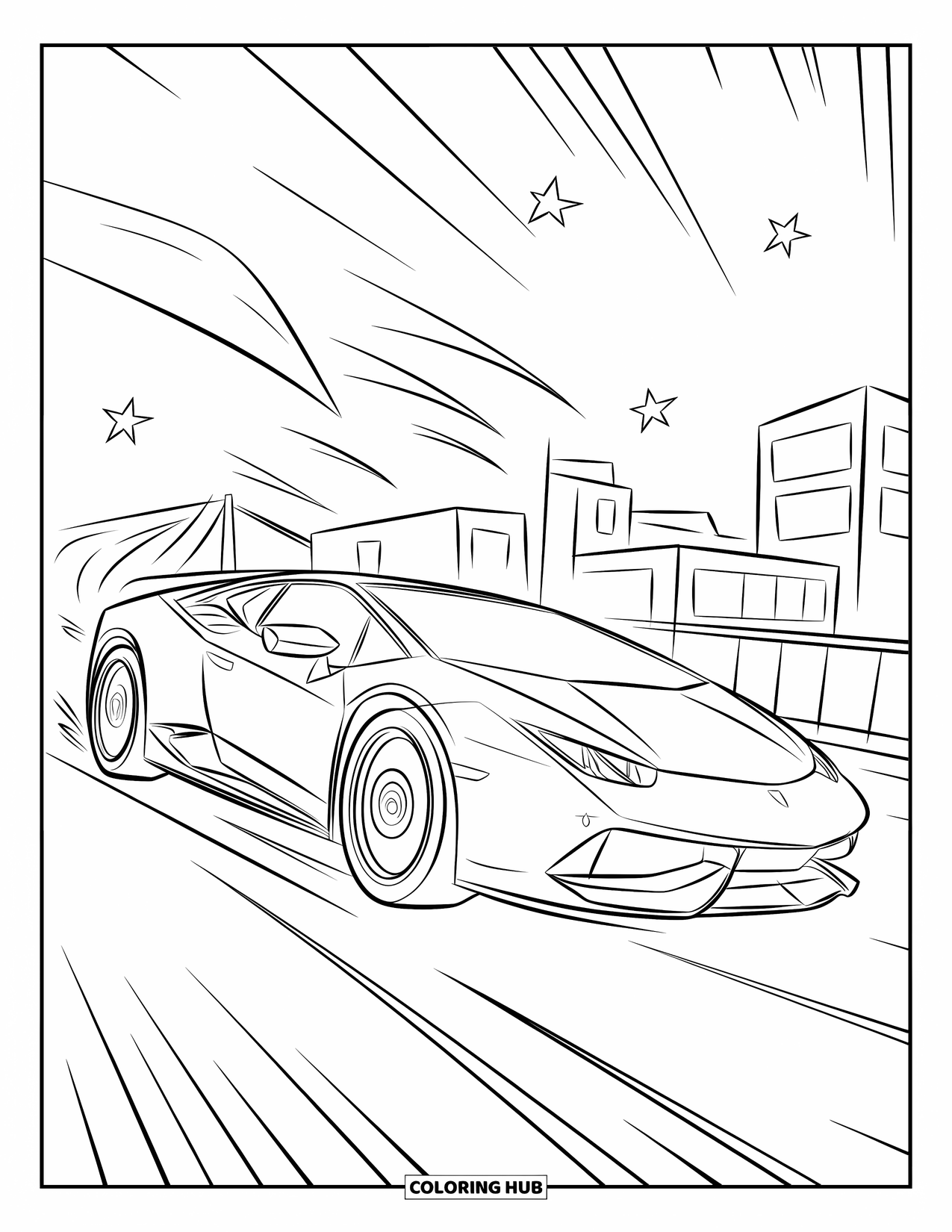 Sports Car Coloring Page for Kids: A tilted car dashes past buildings with smoke and stars trailing behind