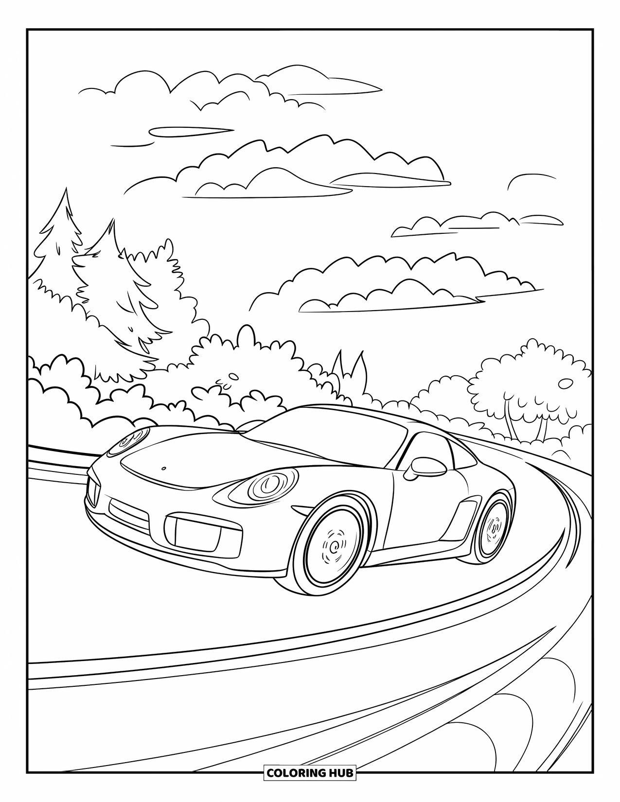 Sports Car Coloring Page for Kids: A tilted car speeds down a bend, surrounded by trees and puffy clouds