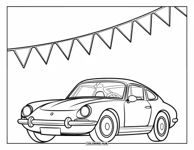 Dibujo de autos deportivos para colorear para niños: Un auto de dos puertas descansa bajo banderines triangulares en una escena divertida junto a la carretera