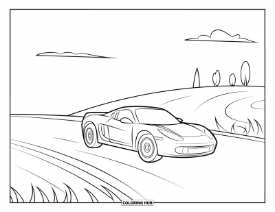 Dibujo de autos deportivos para colorear para niños: Un auto de dos ruedas sube una colina con árboles y nubes en el cielo