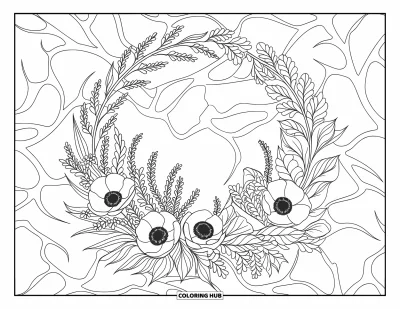 Spring Flowers Coloring Page for Adults: A bold wreath of spring blooms is framed by twisted branches