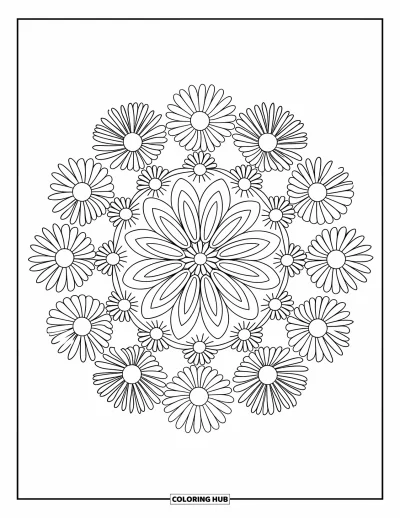 Spring Flowers Coloring Page for Adults: A floral mandala of daisy and chrysanthemum petals sits on white