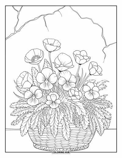 Spring Flowers Coloring Page for Adults: A flower basket of spring blooms sits near a cracked white wall