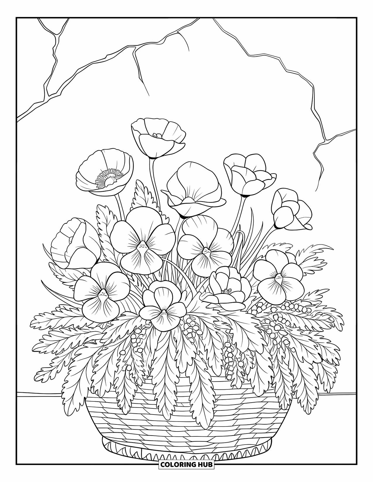 Spring Flowers Coloring Page for Adults: A flower basket of spring blooms sits near a cracked white wall
