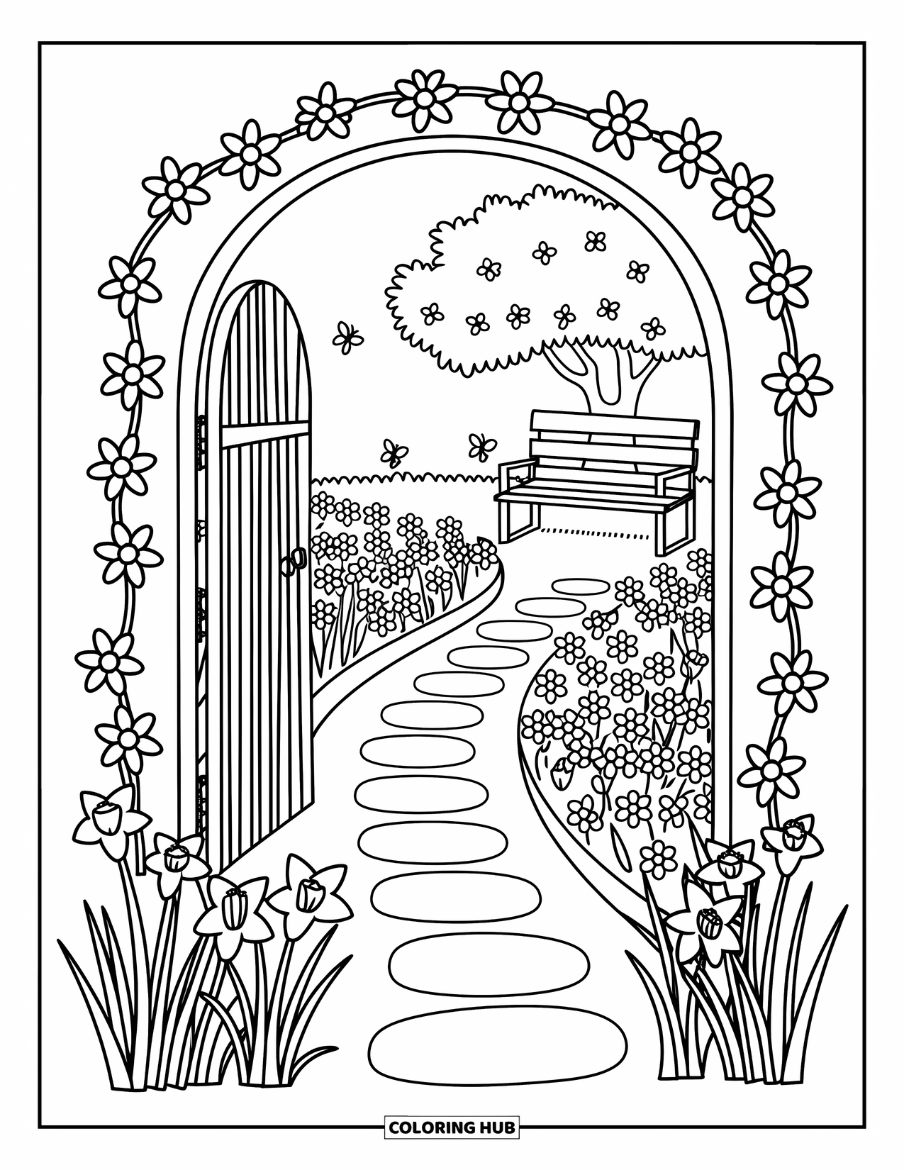 Spring Flowers Coloring Page for Adults: A garden path leads past flowers and a bench beneath a blooming tree
