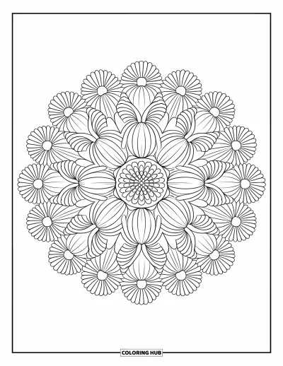 Spring Flowers Coloring Page for Adults: A petal mandala of daisies and chrysanthemums fills the page