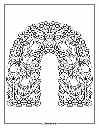 Spring Flowers Coloring Page for Adults: A rainbow arch of spring flowers adds a cute frame to the page