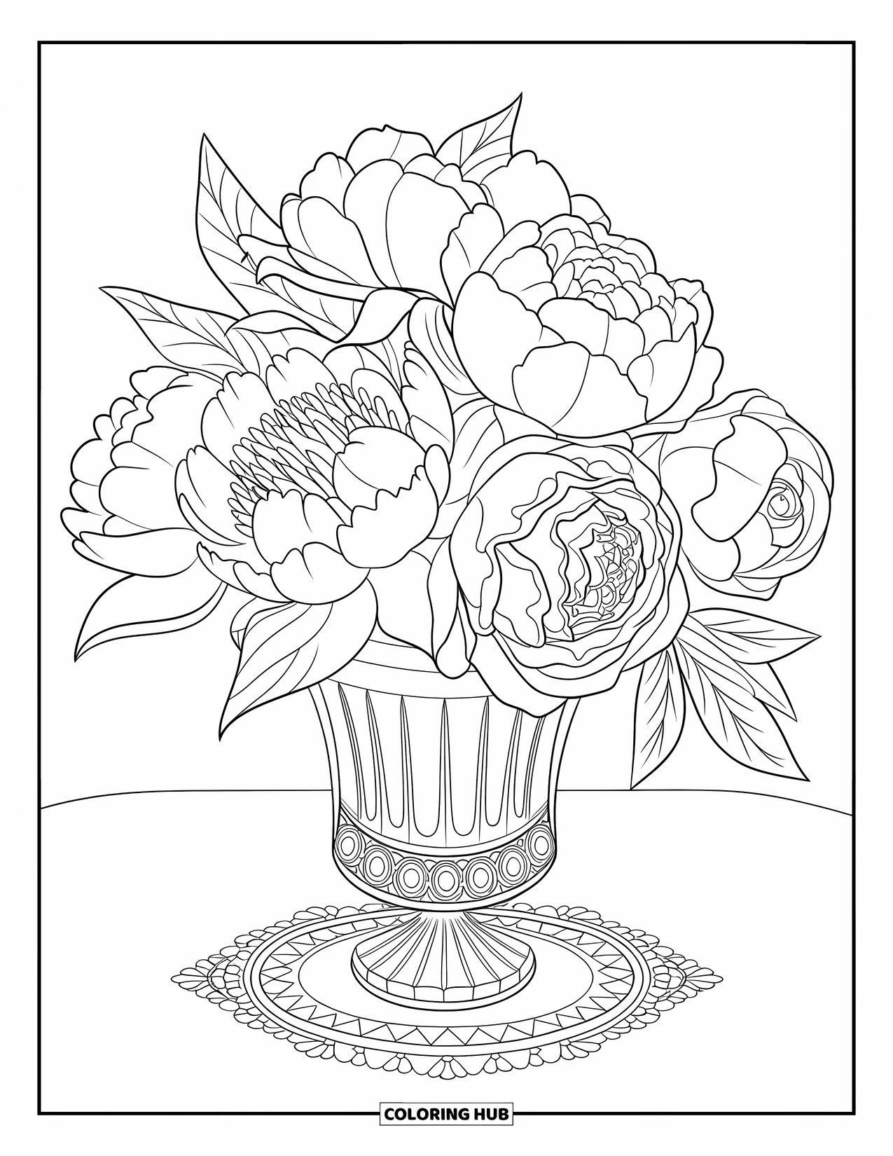 Spring Flowers Coloring Page for Adults: A rose and peony bouquet sits in a vase on a simple surface