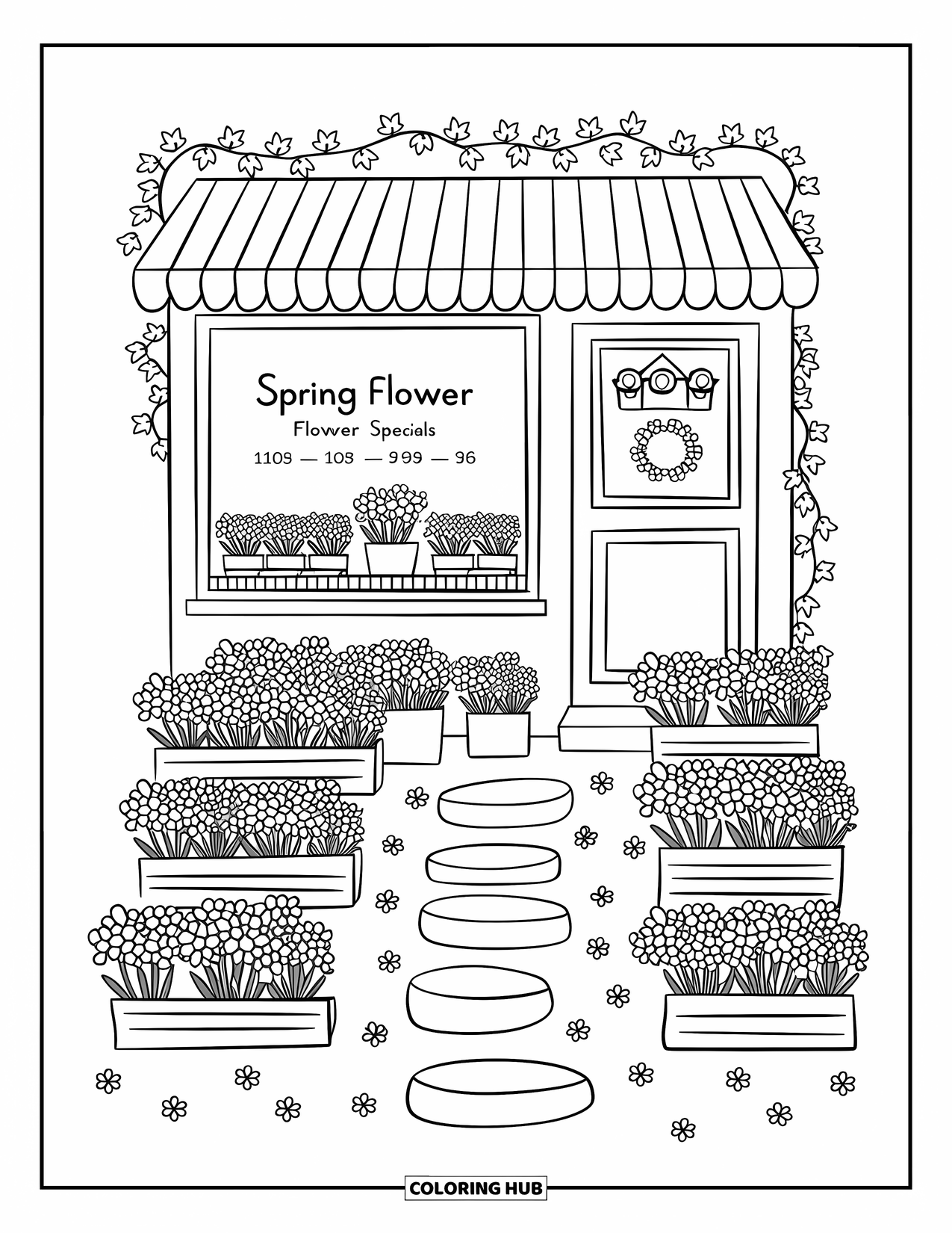 Spring Flowers Coloring Page for Adults: A shop window lists flower specials beside rows of tiny flower pots