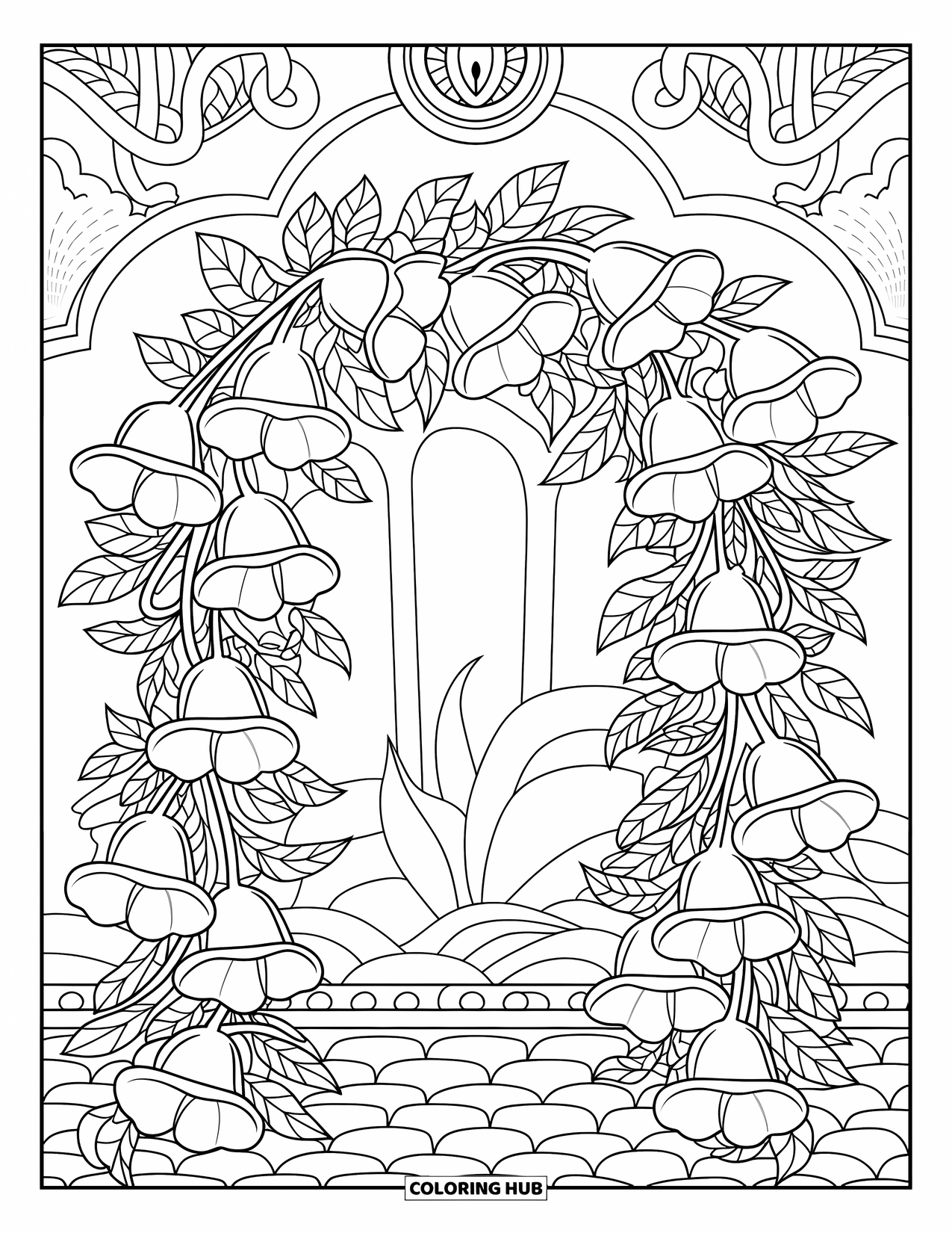 Spring Flowers Coloring Page for Adults: A vine and bellflower arch stands above a cobblestone path