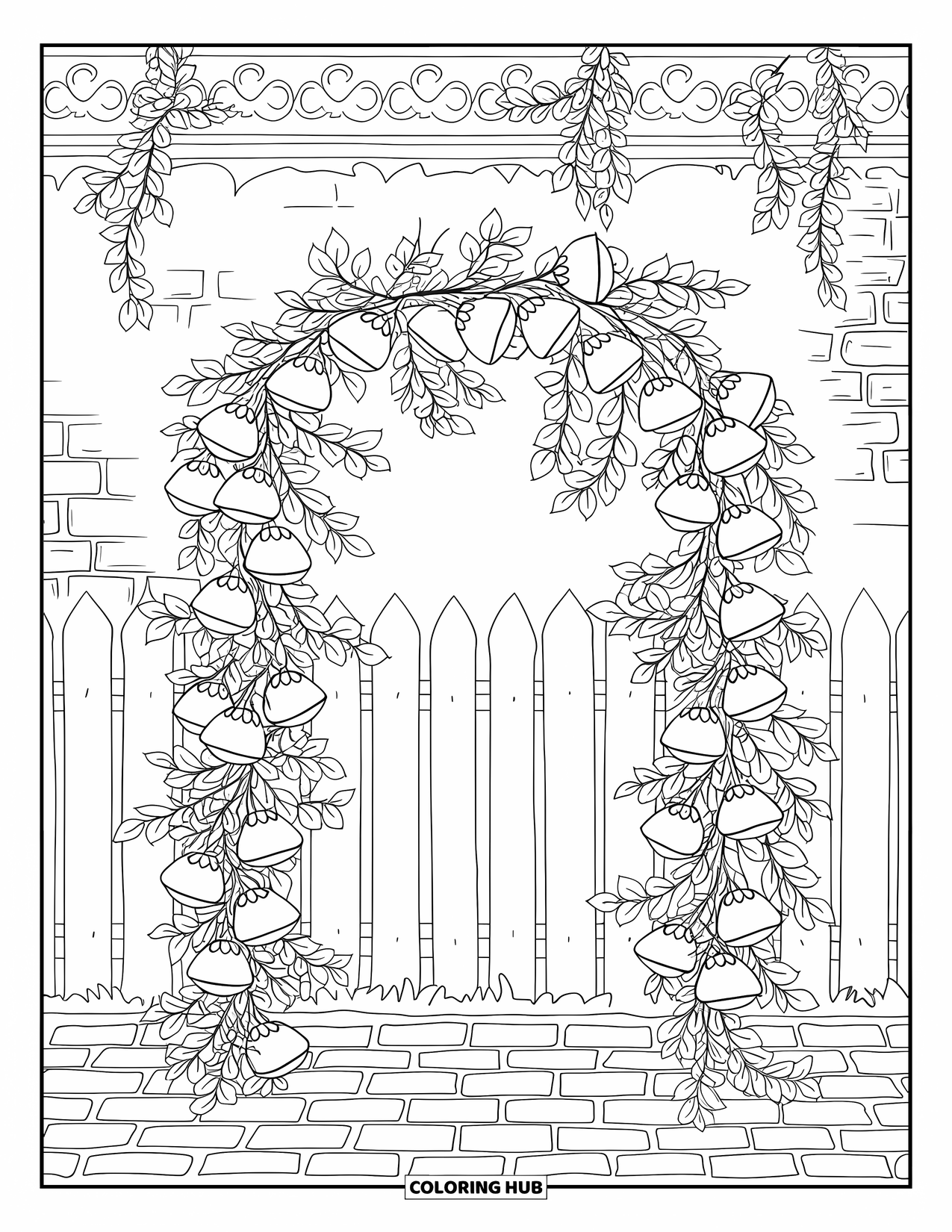 Spring Flowers Coloring Page for Adults: A vine-covered arch with bellflowers rests beside a fence and bricks