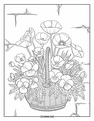 Spring Flowers Coloring Page for Adults: A wicker flower basket overflows with pansies, poppies, and crocuses