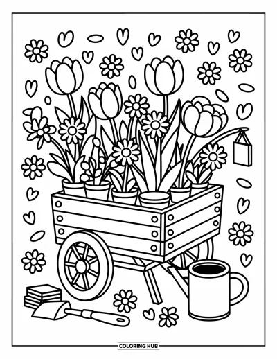 Spring Flowers Coloring Page for Adults: A wooden cart of potted flowers stands beside seed packets and tools