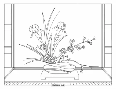Spring Flowers Coloring Page for Adults: An ikebana of iris, cherry blossoms, and grass sits on a tatami mat