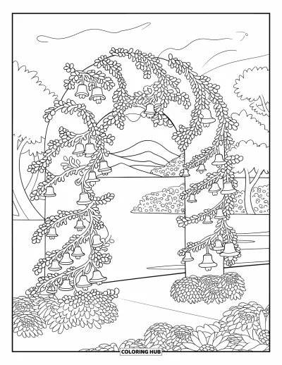 Spring Flowers Coloring Page for Adults: Bellflowers and vines form an archway over a calm landscape