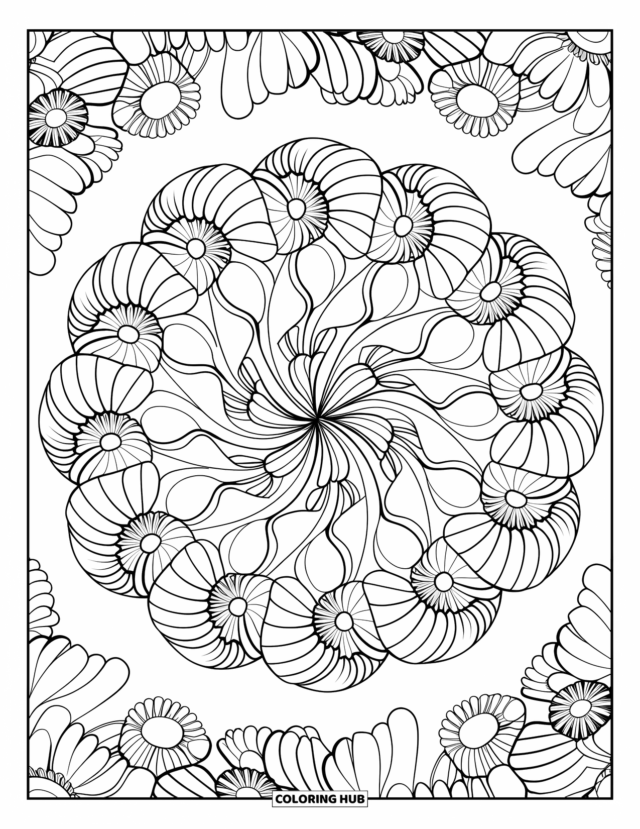 Spring Flowers Coloring Page for Adults: Daisies and mums swirl into a layered mandala for relaxing coloring
