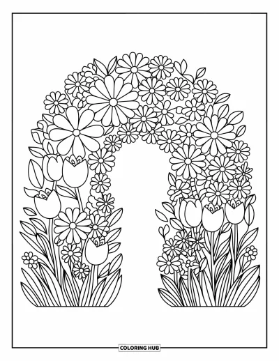 Spring Flowers Coloring Page for Adults: Daisies, tulips, and cosmos form a layered arch with soft curves