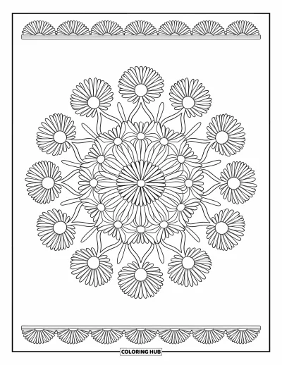 Spring Flowers Coloring Page for Adults: Daisy and chrysanthemum petals form a central mandala