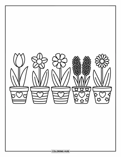 Spring Flowers Coloring Page for Adults: Each pot holds a different flower with hearts, stars, and dot patterns