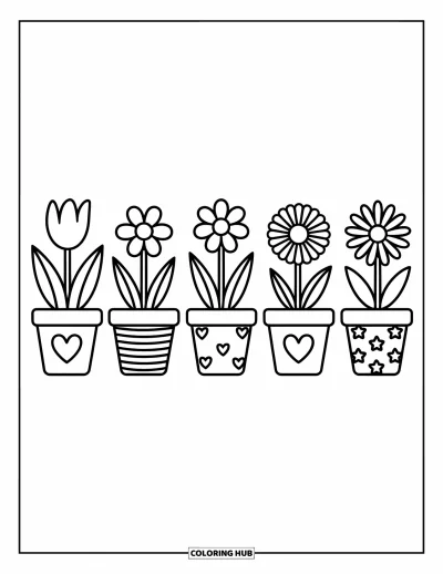 Spring Flowers Coloring Page for Adults: Five small pots hold tulips, daffodils, pansies, hyacinths, and daisies in a row