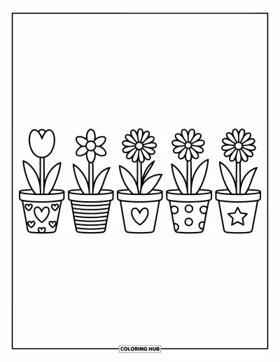 Spring Flowers Coloring Page for Adults: Patterned pots with spring flowers stand in a neat, playful row