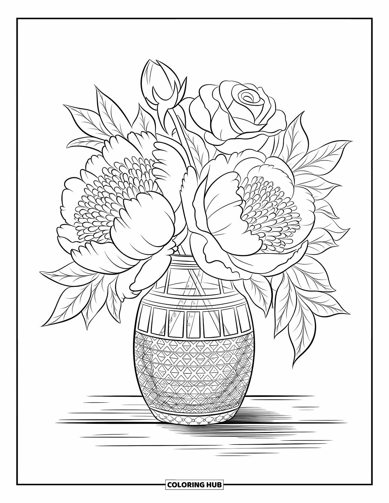 Spring Flowers Coloring Page for Adults: Peonies and roses fill a vase resting on a wooden surface