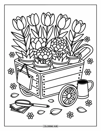 Spring Flowers Coloring Page for Adults: Spring flowers fill a flower cart with petals and clover at the wheels